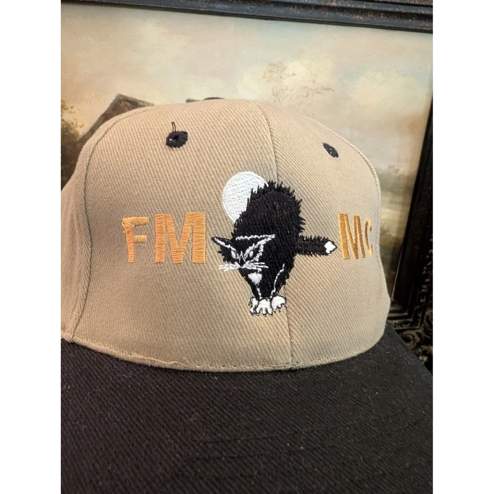 Vintage FM MC Scaredy Cat Safety First Snapback Hat Khaki Black Trucker Cap Mens
